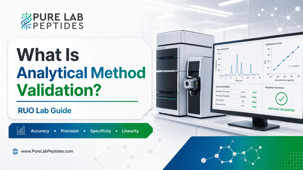 Pure Lab Peptides analytical method validation article image with HPLC charts and RUO lab guide text